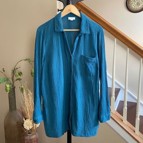 J.Jill Gauze Textured Cotton Light‎weight Button Down Shirt in Teal Blue Sz XL - Picture 3 of 13